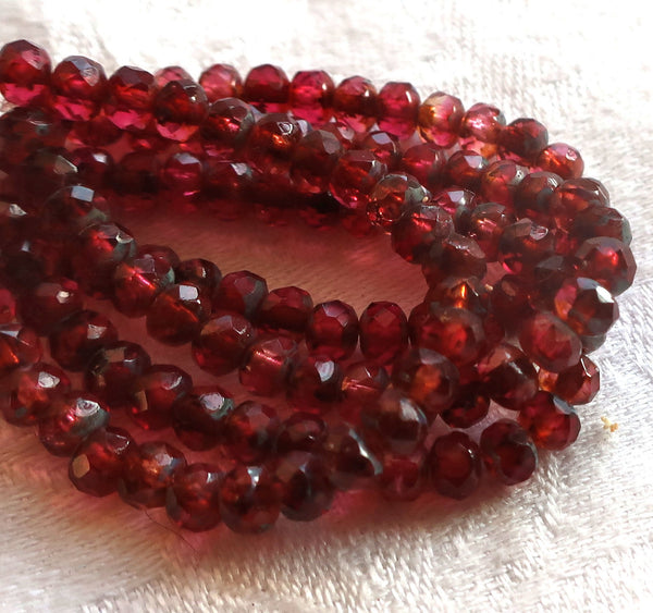 30 small fuchsia pink picasso puffy rondelle beads, 3mm x 5mm faceted Czech glass rondelles 53101 - Glorious Glass Beads