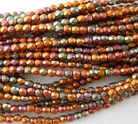 50 3mm Matte Metallic Bronze Iris Czech glass beads, firepolished, faceted round beads in gold tones, C1550