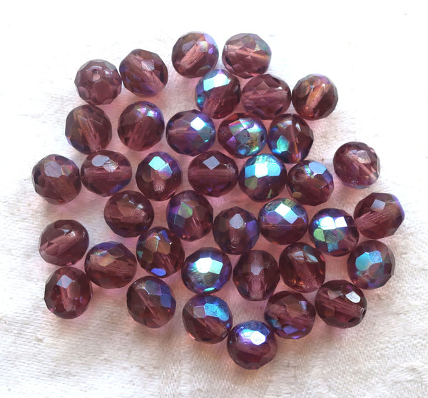 Lot of 25 8mm Dark Amethyst, Purple AB Czech glass beads, fire polished faceted round glass beads C0056