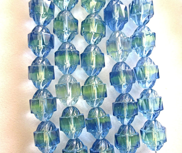 Ten Czech glass turbine beads - 10 x 8mm blue & green mix faceted fire polished beads C00002