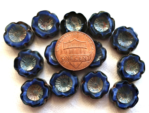 Lot of six 14mm table cut, carved, Czech glass flower beads. opaque, marbled satin, silk, midnight blue picasso Hawaiian flowers C80101 - Glorious Glass Beads