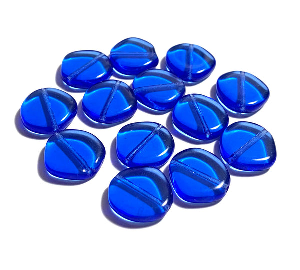 Ten 15mm Czech glass asymmetrical coin or disc beads - sapphire blue beads - C0084