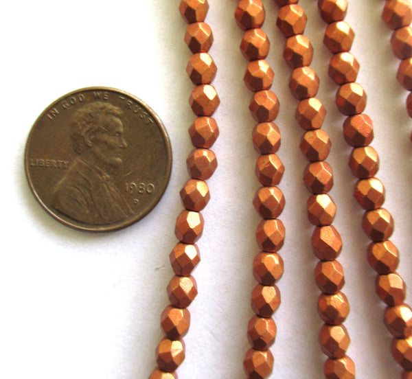 Lot of 50 4mm Czech glass beads - saturated metallic russet orange round, faceted fire polished beads C0034