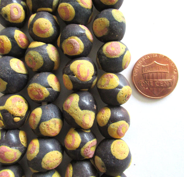 8 African Ghana Krobo round recycled glass beads - brown beads w/ orange spots - 11 - 14mm sand cast - big hole rustic beads - C00211