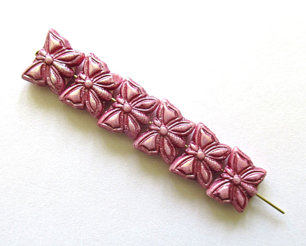 Eight Czech glass butterfly beads - opaque pink with a luster finish - 15 x 12mm pressed glass beads C0098