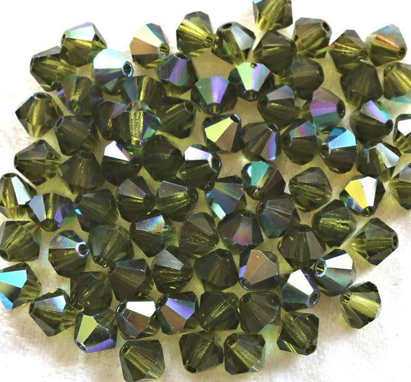 Lot of 24 6mm Olivine Green AB bicone beads, Preciosa Crystal Czech glass green bicones, C60150