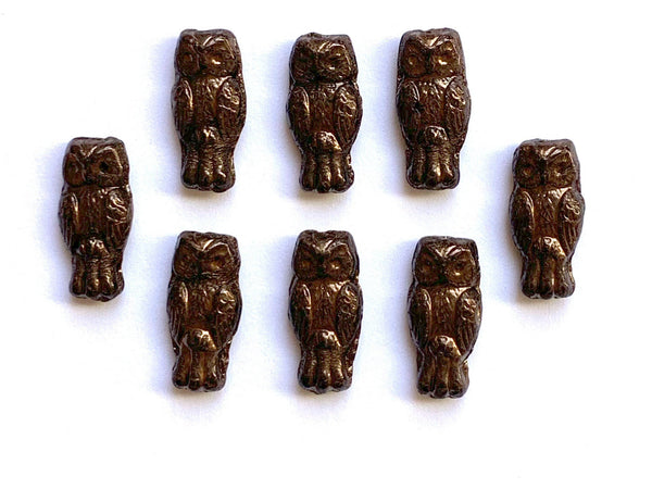 10 Czech glass owl beads - top drilled 7 x 15mm dark bronze metallic pressed glass beads C0034