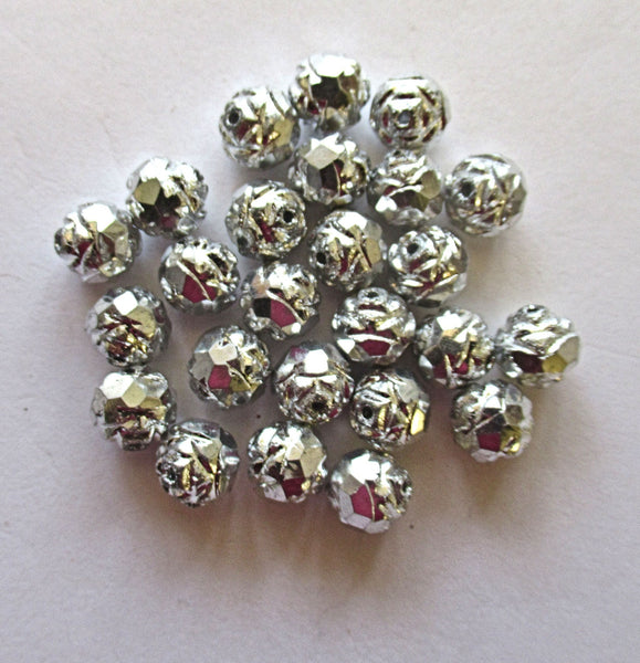 12 Czech glass rosebud beads - metallic silver beads - 7 x 8mm - faceted firepolished antique cut beads - C0025