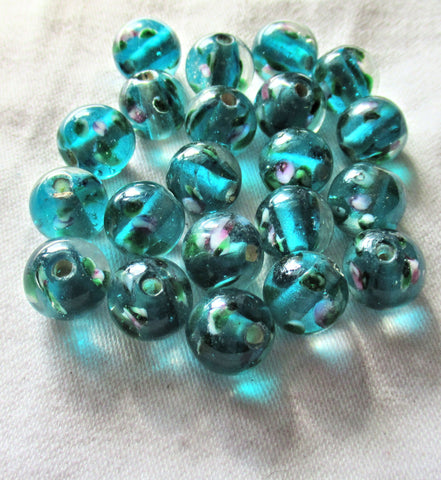 Lot of ten 10mm teal blue green smooth round floral druk beads - made in India glass flower druks C5901
