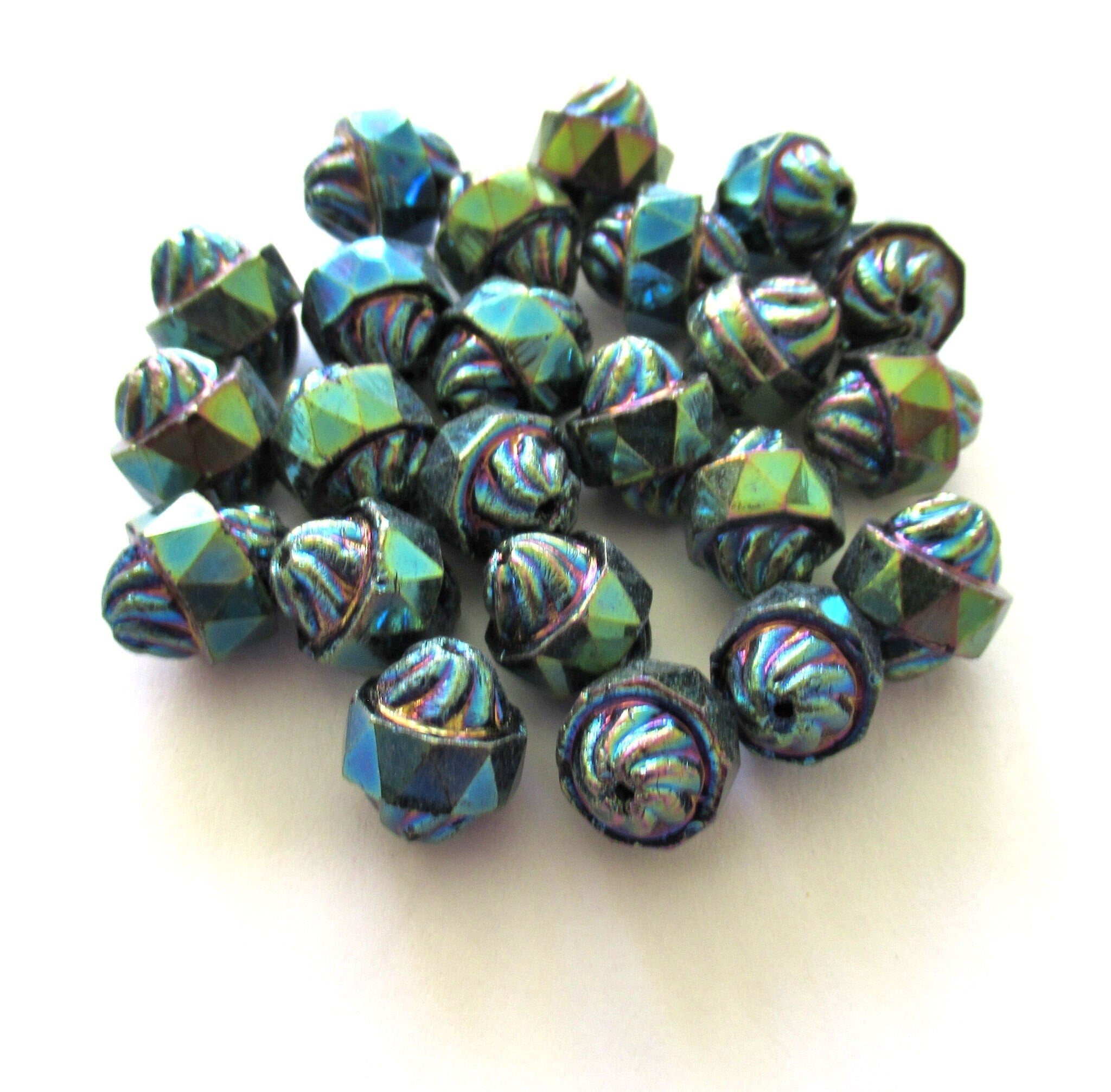Ten Czech glass turbine, cathedral, saturn beads - iridescent green iris 11 x 10mm beads - C5901
