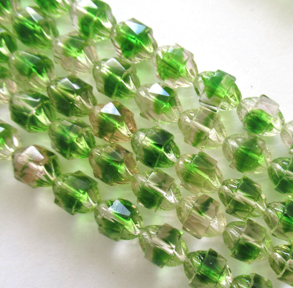 Ten Czech glass turbine beads - 10 x 8mm green & champagne mix faceted fire polished beads C00002