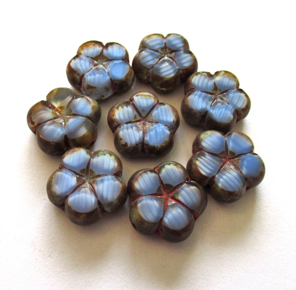 Lot of 6 Czech glass flower beads - 16mm table cut carved opaque silky blue & crystal marbled glass with picasso accents C00591