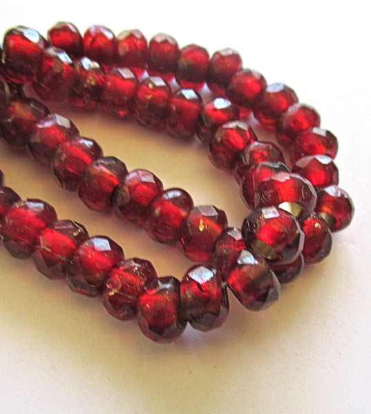 Ten Czech glass roller beads - 7.5 x 5mm ruby red gold lined, faceted roller, rondelle beads - big 3.5mm hole beads C00621