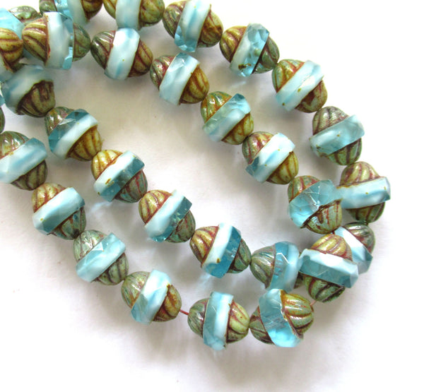 Five Czech glass turbine beads - 11 x 10mm opaque & transparent mix of light aqua blue / white beads with a picasso finish C72101