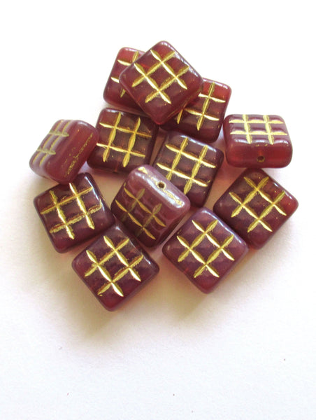 Six large 13 x 13mm square table cut carved Czech glass beads - 6mm thick translucent pink beads with gold accents - 00121