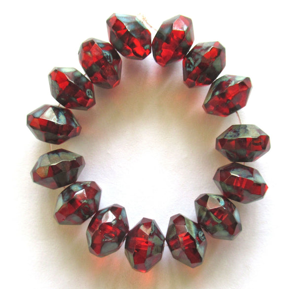 15 Czech glass faceted rivoli saucer beads - 7 x 11mm light garnet red picasso beads - rustic earthy beads C00433