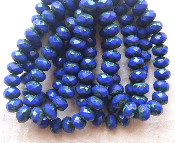 Lot of 25 Czech glass puffy rondelle beads, 8 x 6mm opaque royal blue picasso faceted rondelles C99201