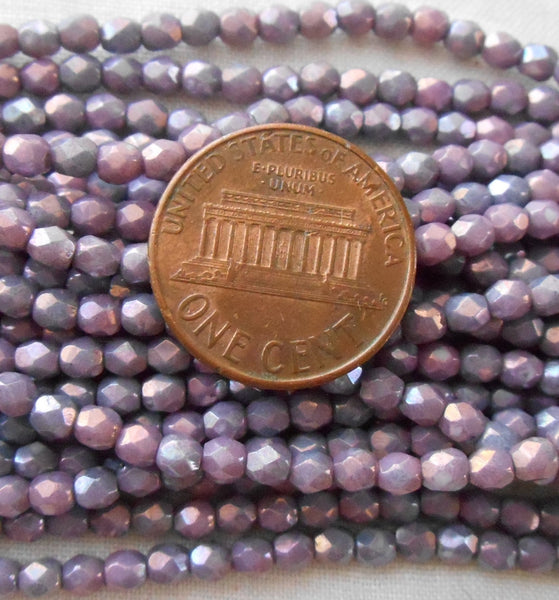 50 3mm Czech glass beads, Opaque Amethyst Luster, firepolished, faceted purple luster round beads C1550