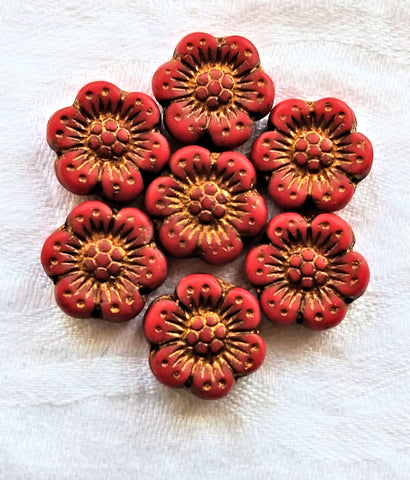 Twelve Czech glass wild rose flower beads - 14mm opaque matte red floral beads with a bronze wash C07105 - Glorious Glass Beads