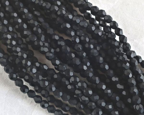 Lot of 50 4mm matte Jet Black Czech glass beads, round faceted firepolished beads, C3450 - Glorious Glass Beads