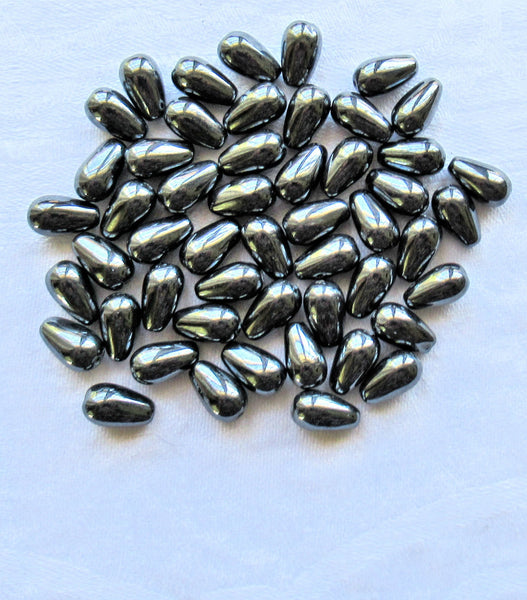 Lot of 25 10 x 6mm Czech glass hematite teardrop beads - center drilled smooth drop beads C3401