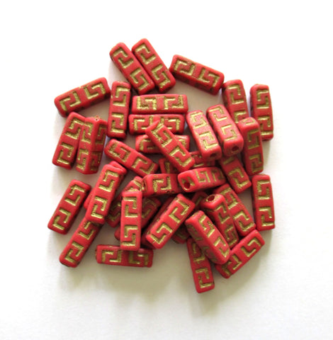 12 Czech glass beads - squared tube beads - Celtic block beads - opaque red with a gold wash - 15 x 5mm C0047