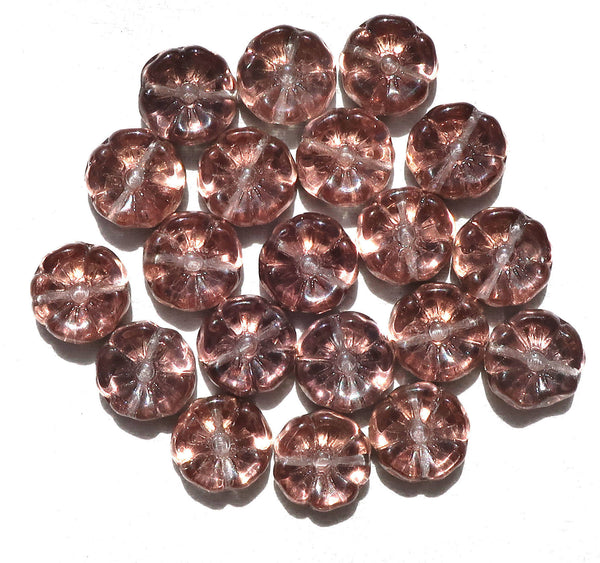 Lot of 20 12mm pink, apricot & taupe iridescent metallic Czech glass flower beads, pressed glass Hawaiian flowers, C06101 - Glorious Glass Beads