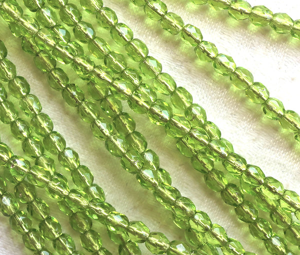 Lot of 50 4mm Czech glass beads, olive. olivine green, silver lined, firepolished faceted round beads C5550 - Glorious Glass Beads