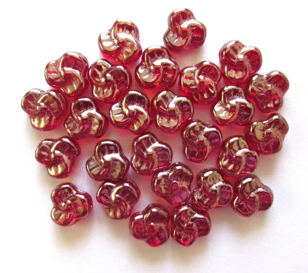 Lot of 25 9mm Czech red glass pansy beads - light garnet red shimmer flower beads C0009