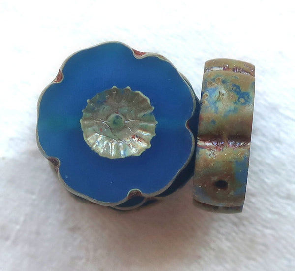 Six 14mm Czech glass flower beads. table cut, carved, translucent capri blue with a picasso finish, Hawaiian flowers C02101