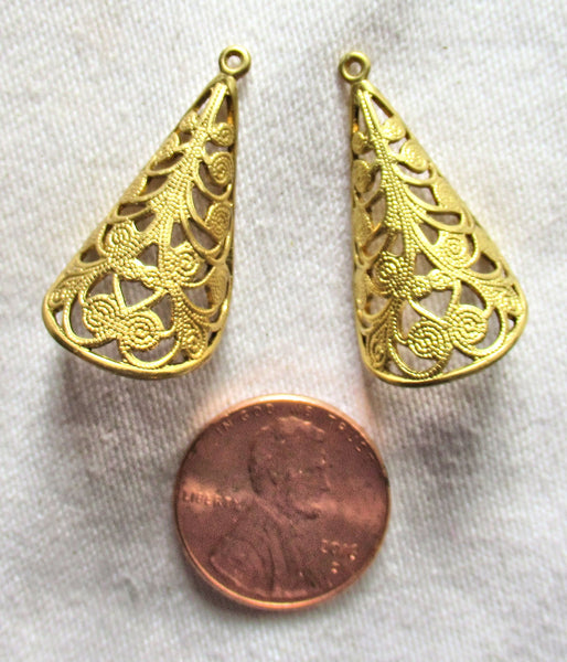 2 raw brass stampings - pair cone shaped ornate Victorian filigree earrings or charms with ring - 28.5mm x 14mm - USA made C7602