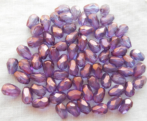 Lot of 25 7 x 5mm Lumi Amethyst, Purple teardrop Czech glass beads, faceted firepolished beads C7501