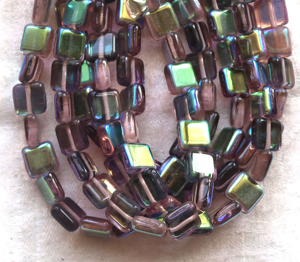 Lot of 30 8mm one hole flat square Czech glass beads, blue, green & purple mix with an iridescentt AB finish C10101 - Glorious Glass Beads
