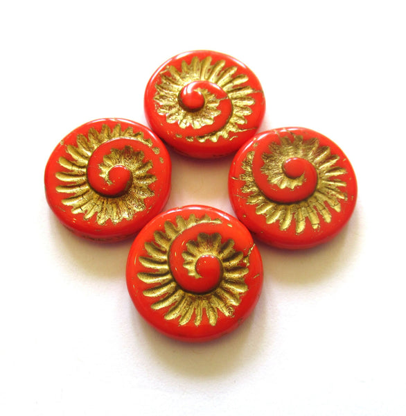 Four large Czech glass snail fossil beads - 18mm opaque red with a gold wash - coin / disc / focal beads C0007