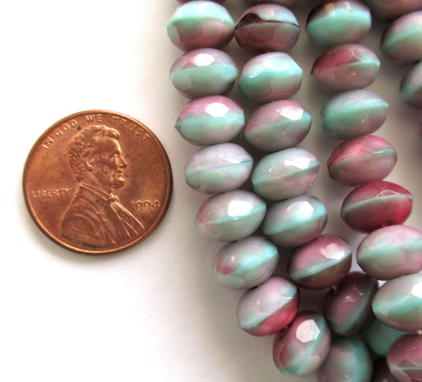 25 Czech glass puffy rondelle beads - 6 x 9mm faceted transparent pink & opaque mint green color mix rondelles C00662