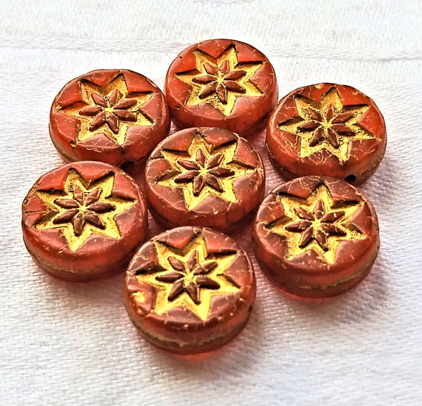 Fifteen 13mm opaque orange coin or disc beads with a gold wash - rustic, earthy star or flower Czech glass beads - 4.5mm thick C08201 - Glorious Glass Beads