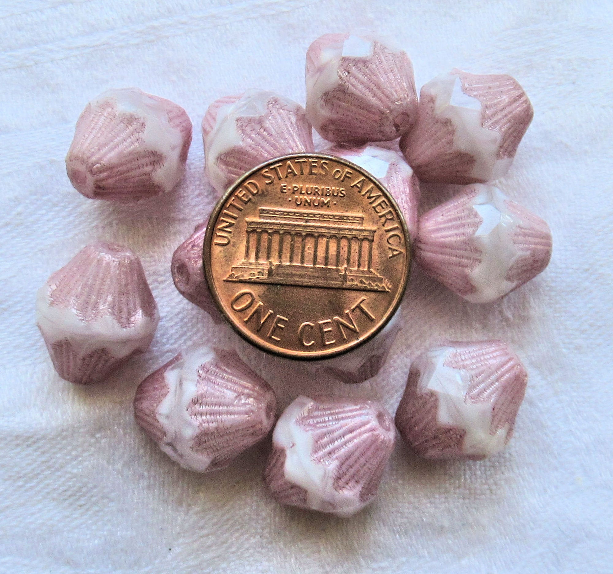 Lot of five 13mm Czech glass bicones - large opaque pink and white pink - chunky, faceted bicone beads, C5901 - Glorious Glass Beads