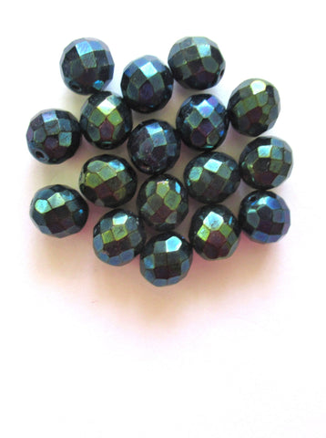 Ten Czech glass fire polished faceted round beads - 12mm green iris beads C0087