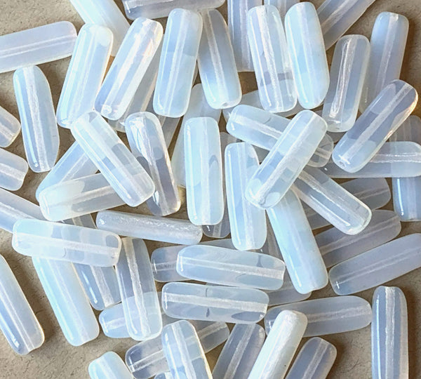 15 Czech glass flat tube beads - 6 x 17mm milky white opal beads C0018