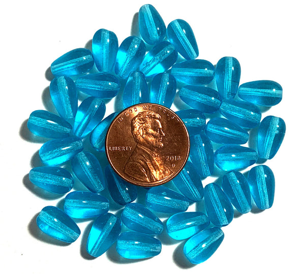 Lot of 25 10 x 6mm Czech glass aqua blue teardrop beads - center drilled smooth drop beads C0012