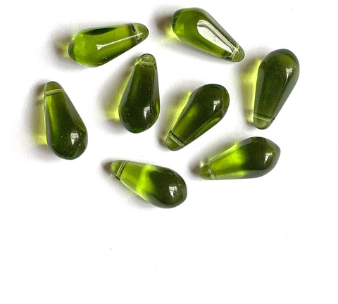 Ten large Czech glass teardrop beads - 9 x 18mm olivine olive green pressed glass faceted side drilled drops six sides C0023