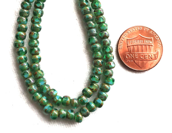 50 4 x 3mm, Tricut, Tri-cut, 3 cut Round Czech glass beads, turquoise green picasso 6/0 seed beads C45101 - Glorious Glass Beads