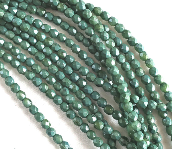 Lot of 50 4mm Opaque Coated Pea Green Czech glass beads, firepolished, faceted round beads, C9601