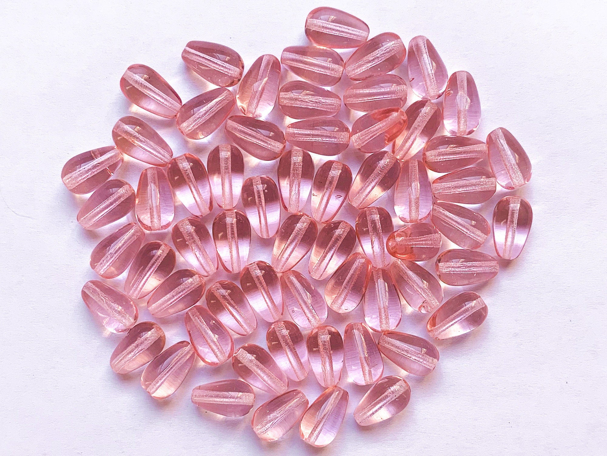 Lot of 25 10 x 6mm Czech glass rosaline pink teardrop beads - center drilled smooth drop beads C0053