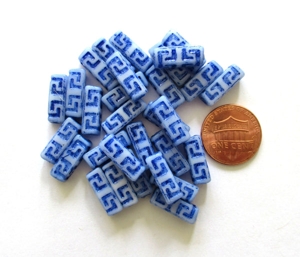 12 Czech glass beads - squared tube beads - Celtic block beads - white with a blue wash - 15 x 5mm C0045