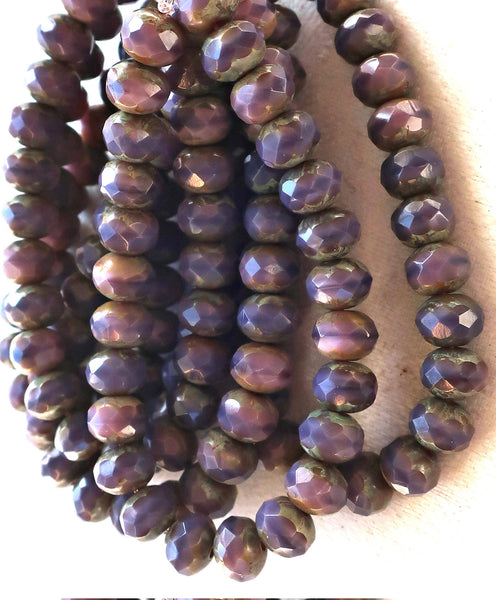 Lot of 25 Czech glass faceted puffy rondelle beads, 5 x 7mm opaque purple, amethyst with pink mix, & picasso finish rondelles C00201