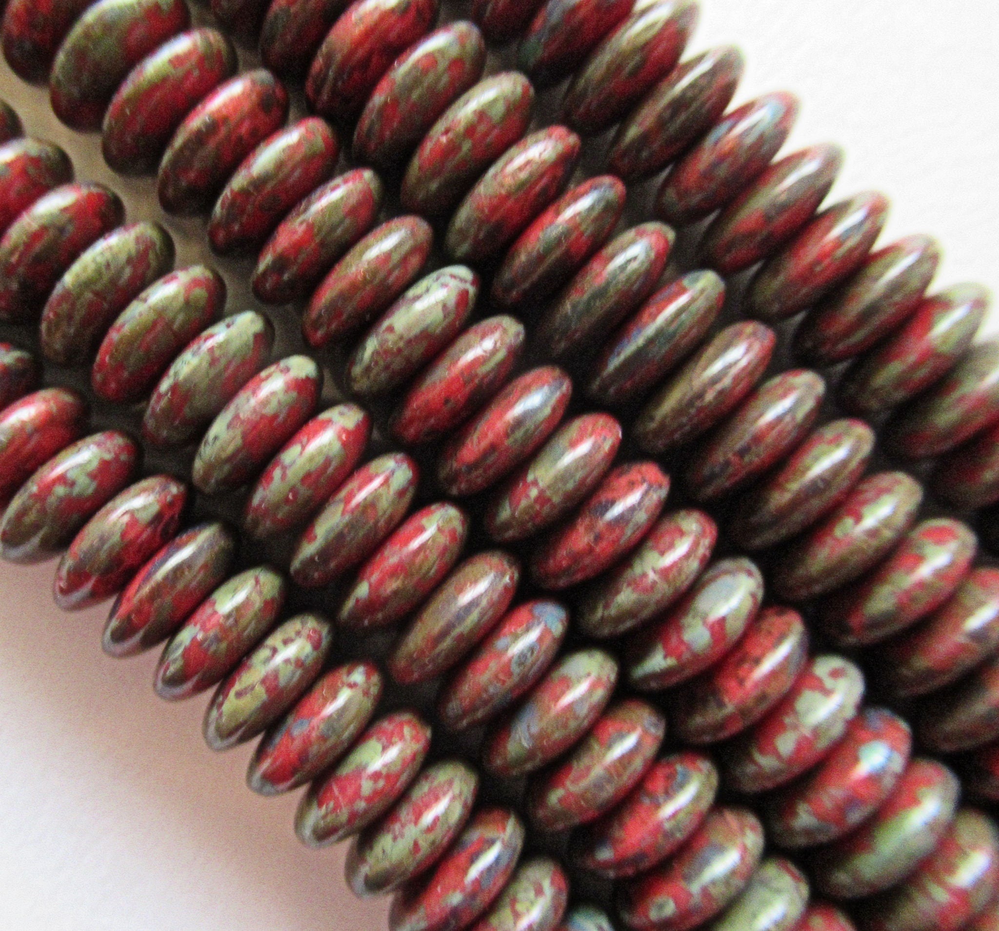Lot of 50 6mm Czech glass rondelle beads - opaque red flat spacers or rondelles with a full picasso coat - C0077