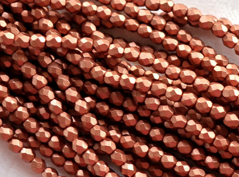 50 3mm Matte Metallic Copper Czech glass beads, firepolished, faceted round beads C1550 - Glorious Glass Beads
