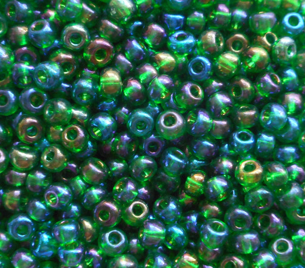 24 grams Emerald Green AB, Czech 6/0 glass seed beads, size 6 Preciosa Rocaille 4mm spacer beads, large, big hole C4824