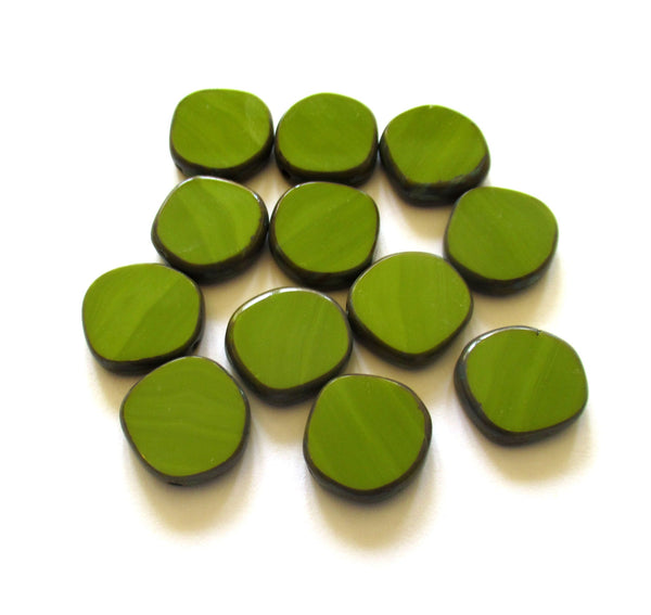 Six 15mm Czech glass asymmetrical coin or disc beads - opaque avocado green silk picasso beads - C00201